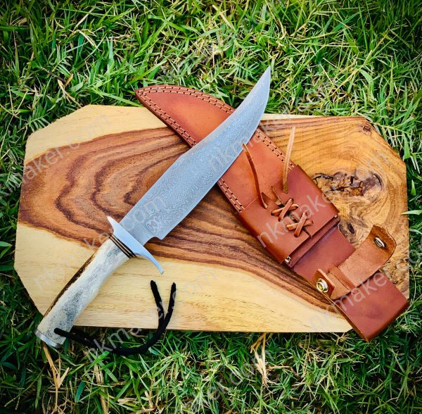 Handmade Damascus Hunting Knife Stag Horn Handle, Anniversary Gift Groomsmen Gift for Dad Gift for Husband Gift for boy