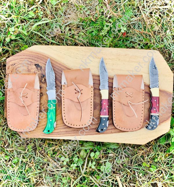 Custom Handmade Damascus Steel Folding/Pocket Knife+Leather Sheath - Image 6