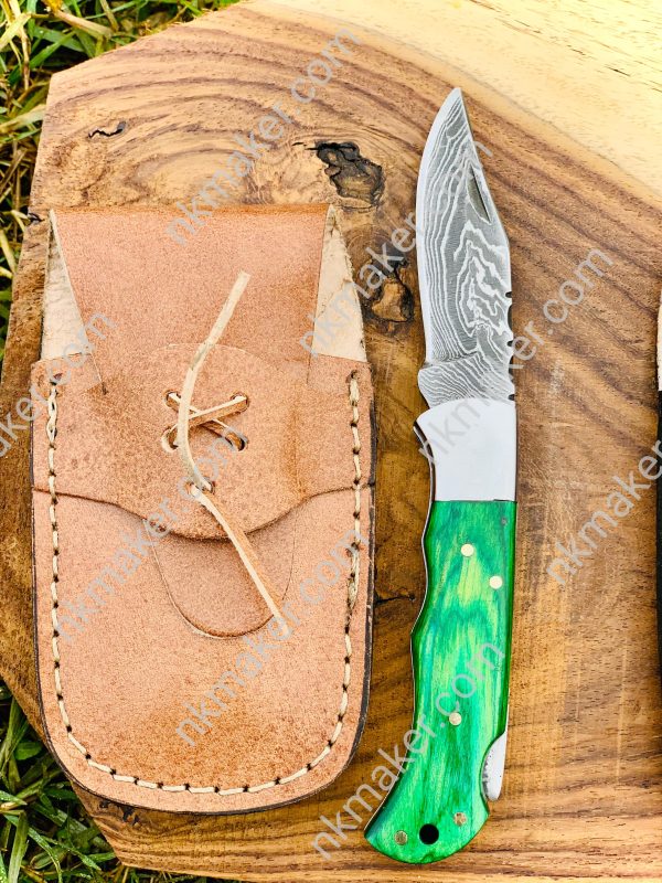 Custom Handmade Damascus Steel Folding/Pocket Knife+Leather Sheath - Image 4