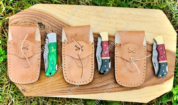 Custom Handmade Damascus Steel Folding/Pocket Knife+Leather Sheath - Image 8