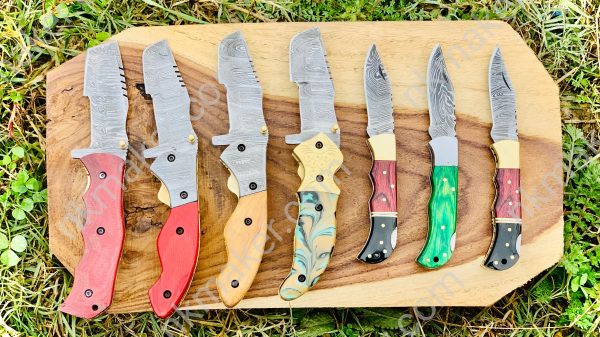 Custom Handmade Damascus Steel Folding/Pocket Knife+Leather Sheath - Image 2