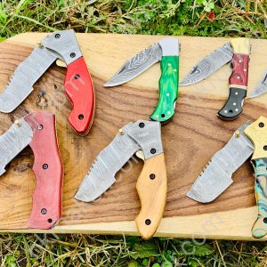 Custom Handmade Damascus Steel Folding/Pocket Knife+Leather Sheath