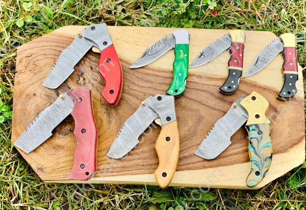Custom Handmade Damascus Steel Folding/Pocket Knife+Leather Sheath