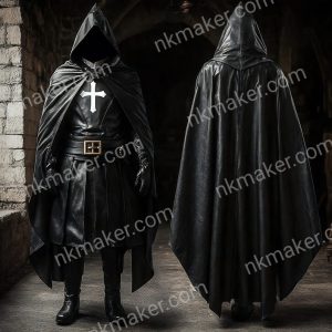 Handmade Black Leather Knight Costume - Medieval Tunic with Templar Cross - Renaissance Cloak - Festival Outfit for Knights for LARP Events