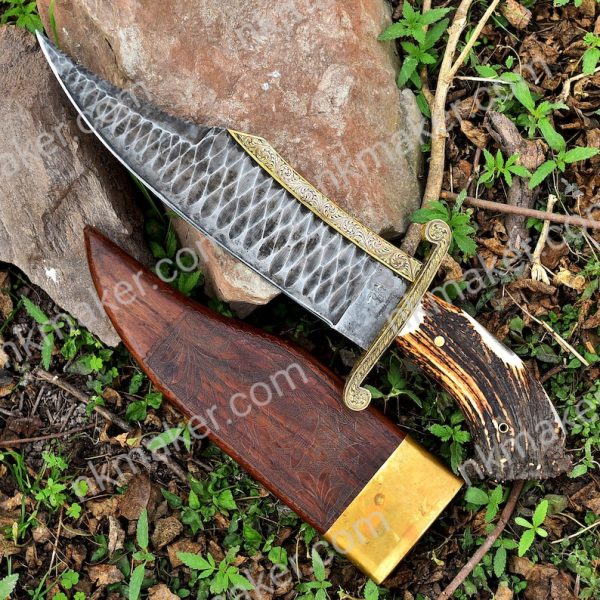 Handmade Full Tang Big Bowie Hunting Knife, Stone Washed Stainless Steel, Stag Horn Brass Handle, Hand Engraved knife, Anniversary Gift.