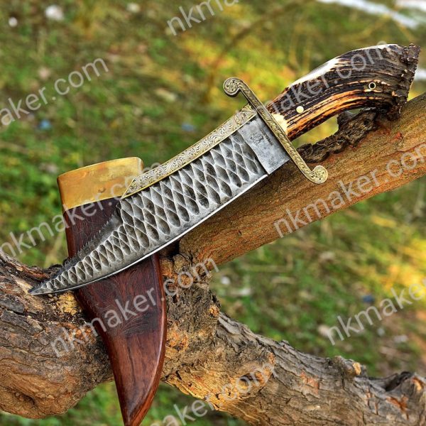 Handmade Full Tang Big Bowie Hunting Knife, Stone Washed Stainless Steel, Stag Horn Brass Handle, Hand Engraved knife, Anniversary Gift. - Image 5