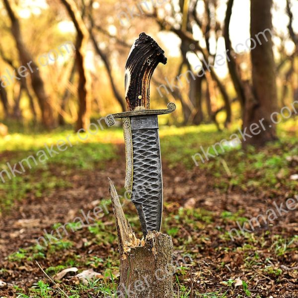 Handmade Full Tang Big Bowie Hunting Knife, Stone Washed Stainless Steel, Stag Horn Brass Handle, Hand Engraved knife, Anniversary Gift. - Image 4