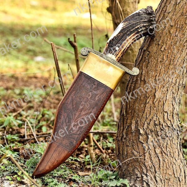 Handmade Full Tang Big Bowie Hunting Knife, Stone Washed Stainless Steel, Stag Horn Brass Handle, Hand Engraved knife, Anniversary Gift. - Image 3