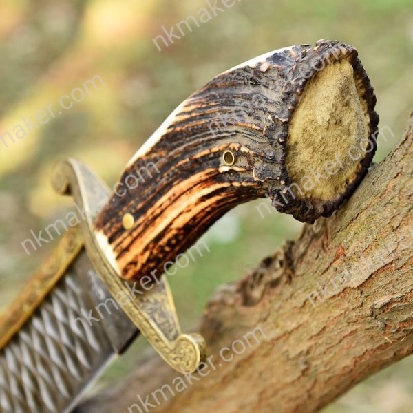 Handmade Full Tang Big Bowie Hunting Knife, Stone Washed Stainless Steel, Stag Horn Brass Handle, Hand Engraved knife, Anniversary Gift. - Image 2