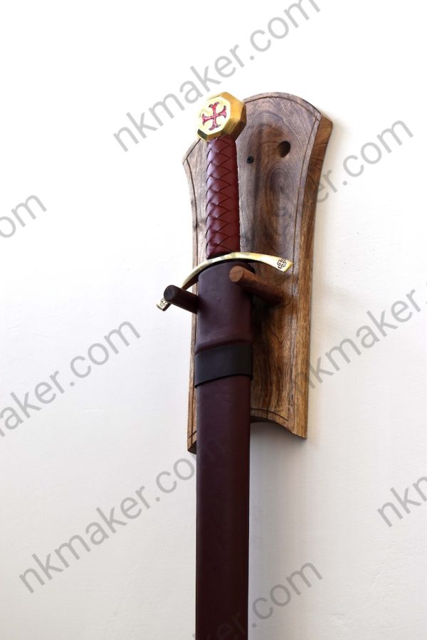 Knights Templar medieval Sword With Leather Scabbard & Wall Mounting Plaque. More details PM? - Image 2