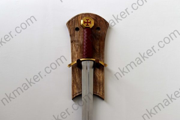 Knights Templar medieval Sword With Leather Scabbard & Wall Mounting Plaque. More details PM? - Image 5