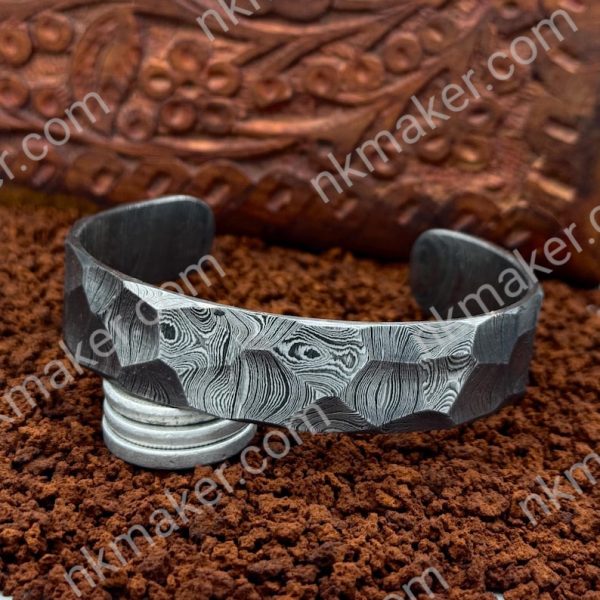 Damascus Hammered Bangle Hand Forged Steel Cuff Bracelet Viking Modern Jewelry Anniversary gift Unique Bracelet for Him Damascus Oath Ring. - Image 2