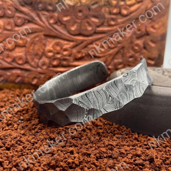 Damascus Hammered Bangle Hand Forged Steel Cuff Bracelet Viking Modern Jewelry Anniversary gift Unique Bracelet for Him Damascus Oath Ring. - Image 3