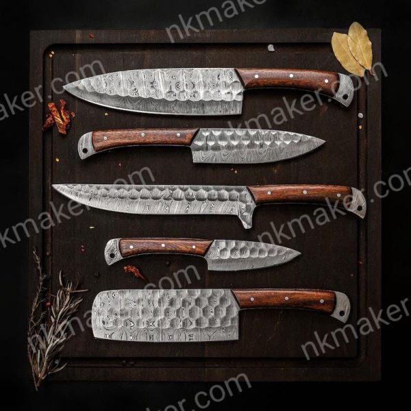 Personalized Damascus Steel 5pcs Chef Set, Damascus Steel Chef Knife Set For Christmas Gift Damascus Handmade Kitchen Set For Halloween Gift. More details PM? - Image 2