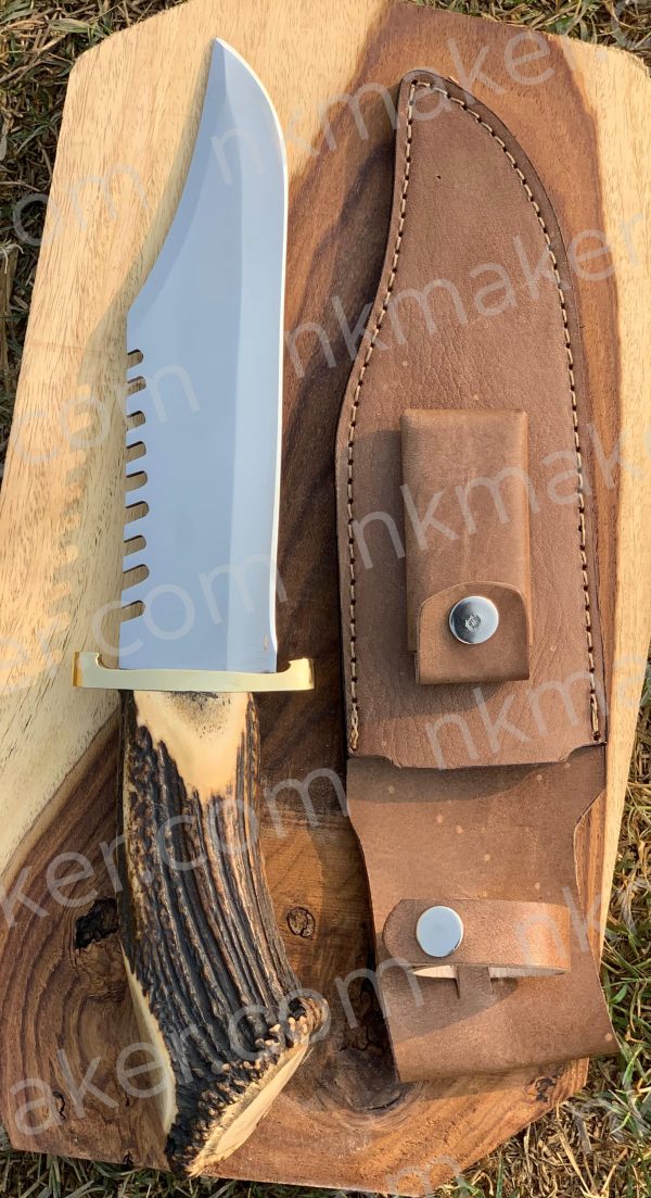 Premium Stag Antler Handle Bowie Knife | Large Survival Saw-Back Fixed Blade w/ Leather Sheath.  More Details PM? - Image 3