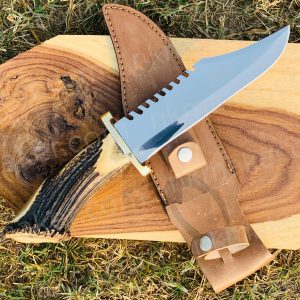 Premium Stag Antler Handle Bowie Knife | Large Survival Saw-Back Fixed Blade w/ Leather Sheath.  More Details PM?