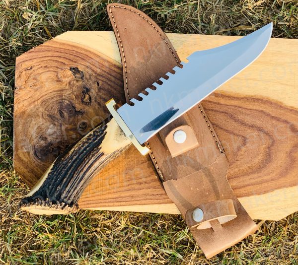 Premium Stag Antler Handle Bowie Knife | Large Survival Saw-Back Fixed Blade w/ Leather Sheath.  More Details PM?