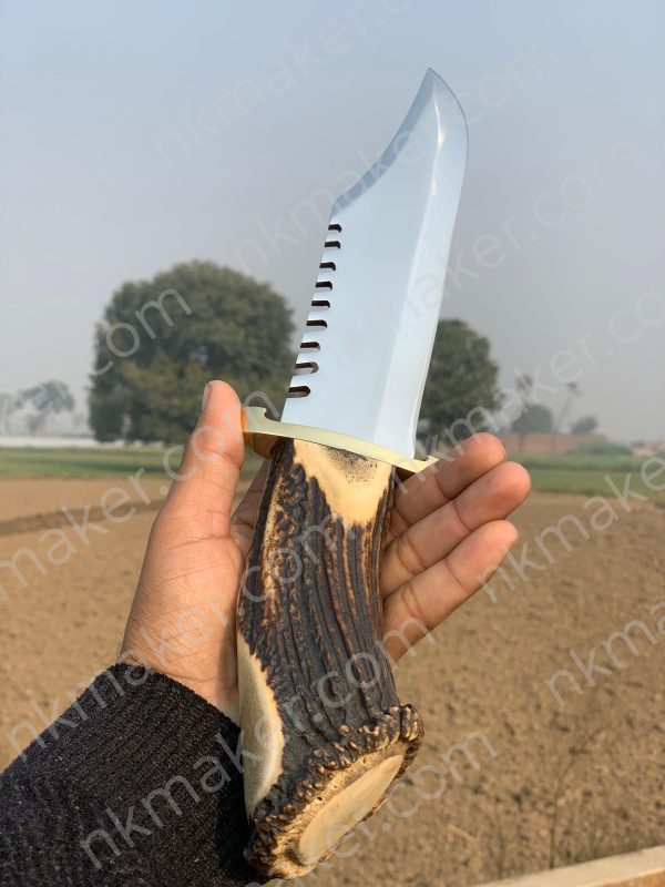 Premium Stag Antler Handle Bowie Knife | Large Survival Saw-Back Fixed Blade w/ Leather Sheath.  More Details PM? - Image 6