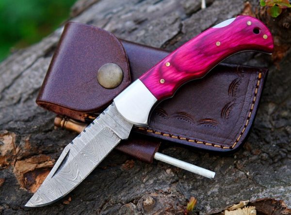 Handmade Damascus Pocket Knife Rose Wood Handle Birthday Gift Folding Knife Groomsmen Gift 1st Anniversary Wedding Personalized Gift for Dad. More details PM? - Image 3