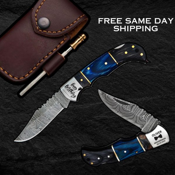 Handmade Damascus Pocket Knife Rose Wood Handle Birthday Gift Folding Knife Groomsmen Gift 1st Anniversary Wedding Personalized Gift for Dad. More details PM? - Image 4