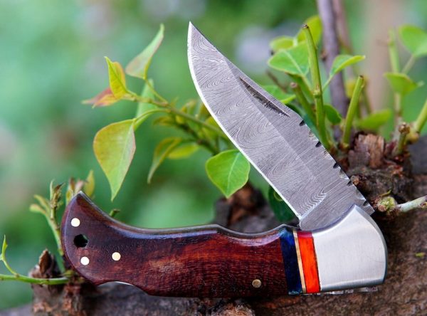 Handmade Damascus Pocket Knife Rose Wood Handle Birthday Gift Folding Knife Groomsmen Gift 1st Anniversary Wedding Personalized Gift for Dad. More details PM? - Image 8