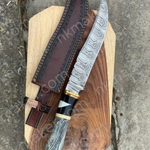 Hand-Forged Damascus Steel Hunter Knife with Exotic Bone & Stabilized Wood Handle and Leather Sheath More details PM?