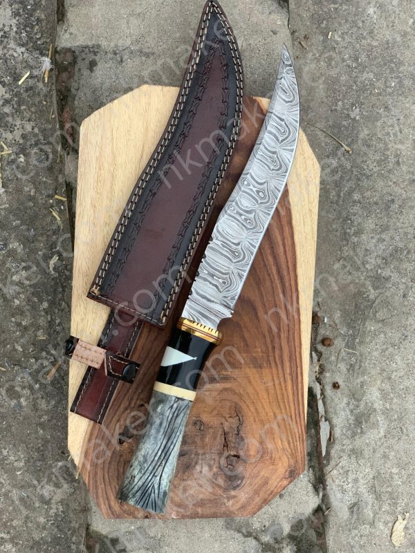 Hand-Forged Damascus Steel Hunter Knife with Exotic Bone & Stabilized Wood Handle and Leather Sheath More details PM?