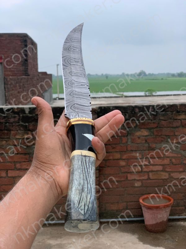 Hand-Forged Damascus Steel Hunter Knife with Exotic Bone & Stabilized Wood Handle and Leather Sheath More details PM? - Image 3