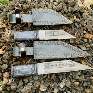 Custom Handcrafted Knives with Leather Sheaths!* 🔥  For sale: A set of 2 stunning handcrafted knives with intricate designs on both the blades and leather sheaths.