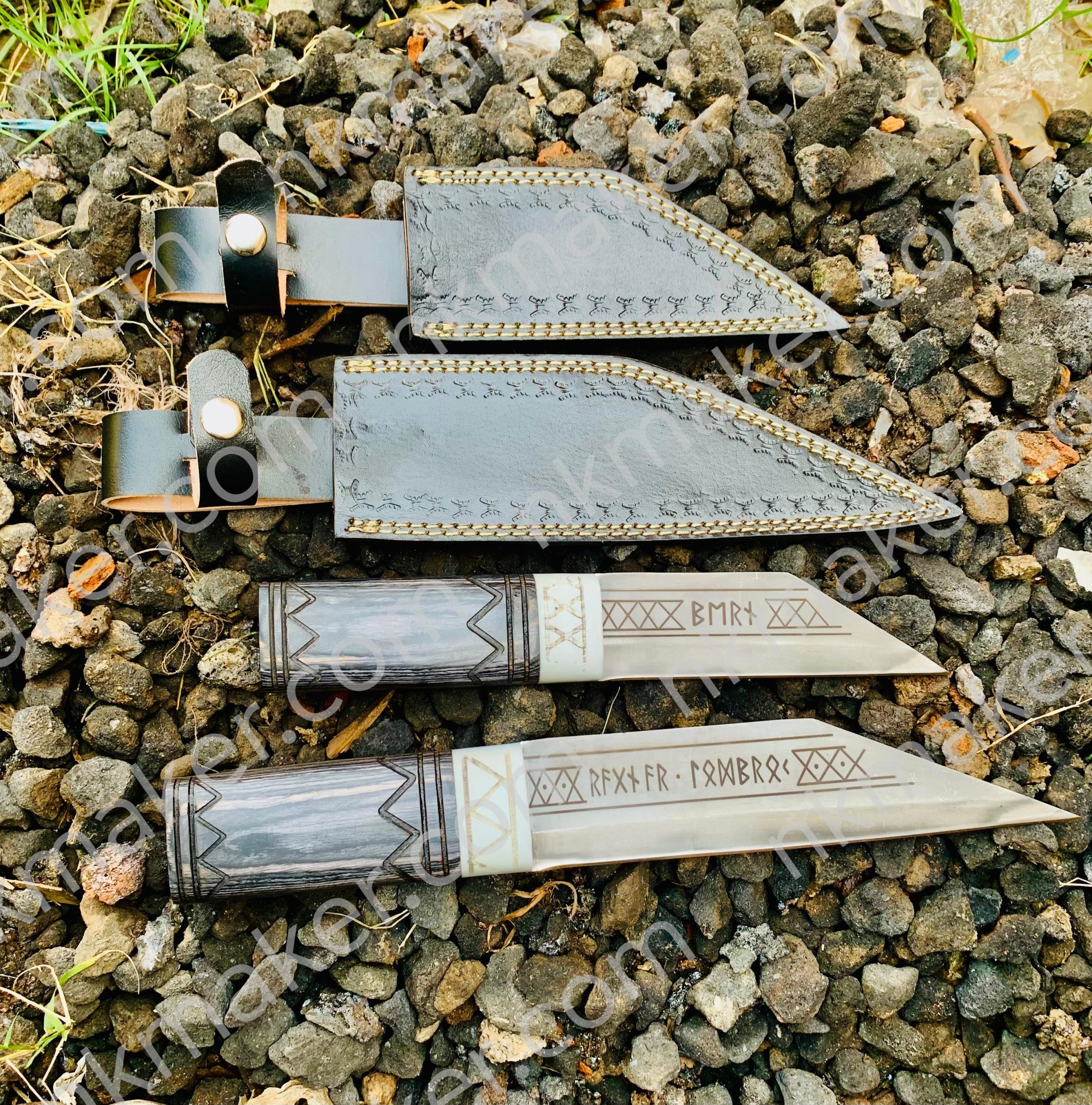 Custom Handcrafted Knives with Leather Sheaths!* ๐ฅ  For sale: A set of 2 stunning handcrafted knives with intricate designs on both the blades and leather sheaths. - Image 2