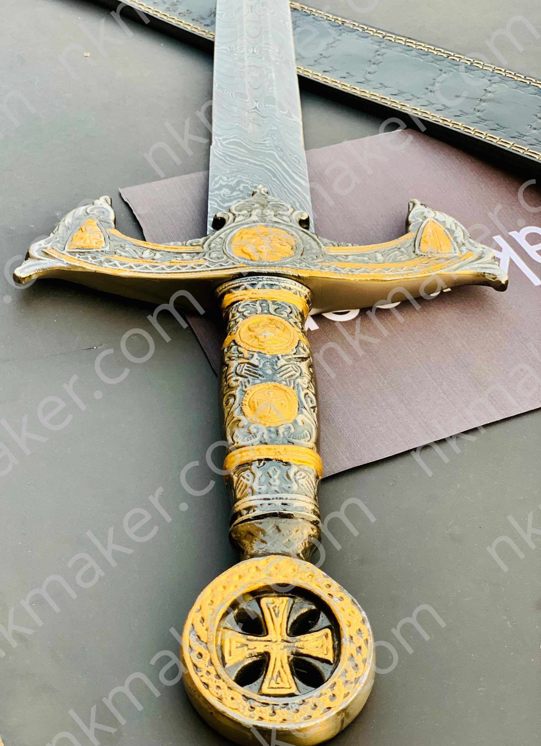 THE TEMPLAR 02 — Custom Handmade | Damascus Steel | Knights Templar Sword | Medieval Crusader Replica with Leather Sheath. More details PM?  Your place order this website plz? https://nkmaker.com/ - Image 7