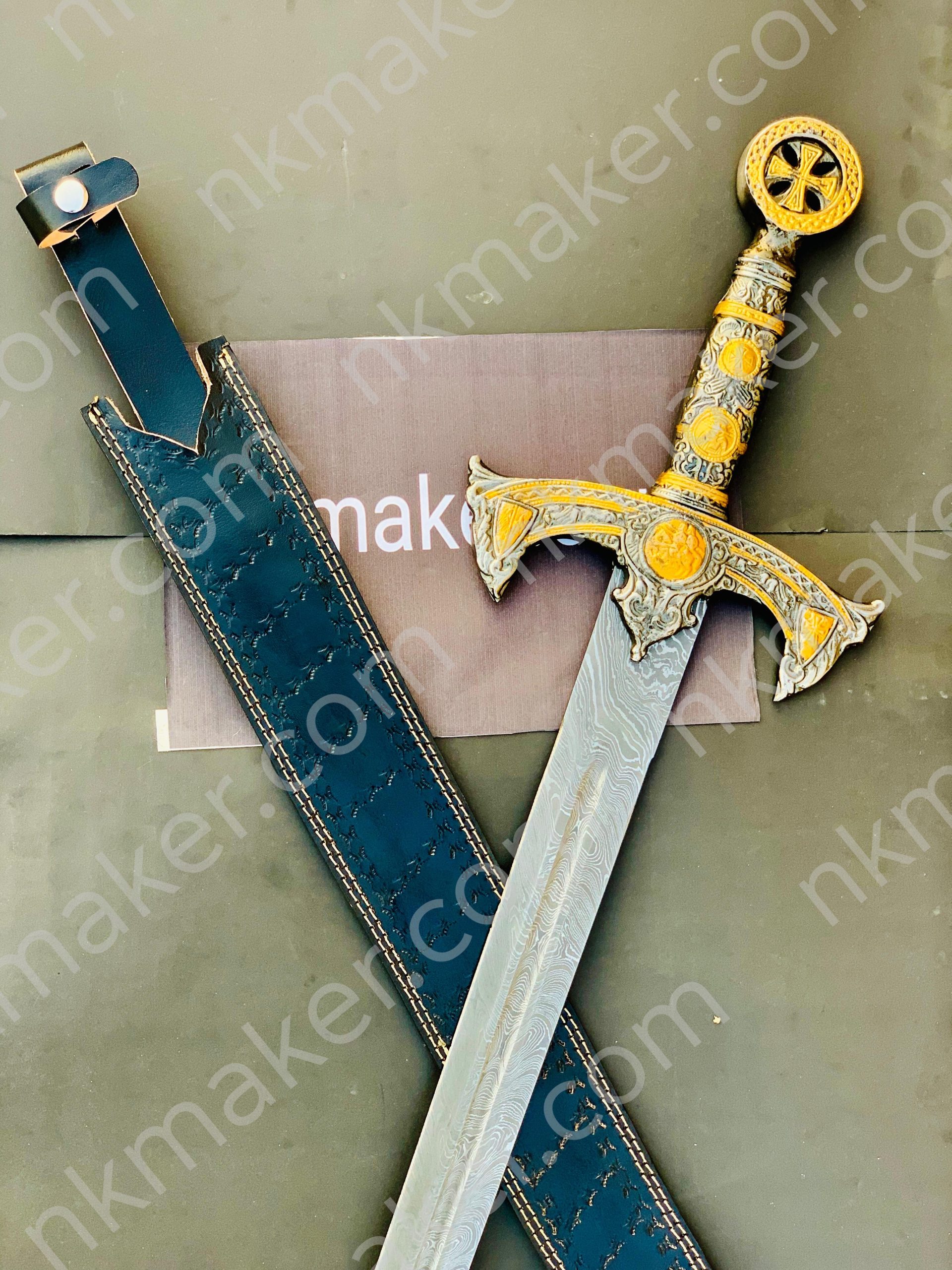 THE TEMPLAR 02 — Custom Handmade | Damascus Steel | Knights Templar Sword | Medieval Crusader Replica with Leather Sheath. More details PM?  Your place order this website plz? https://nkmaker.com/ - Image 3