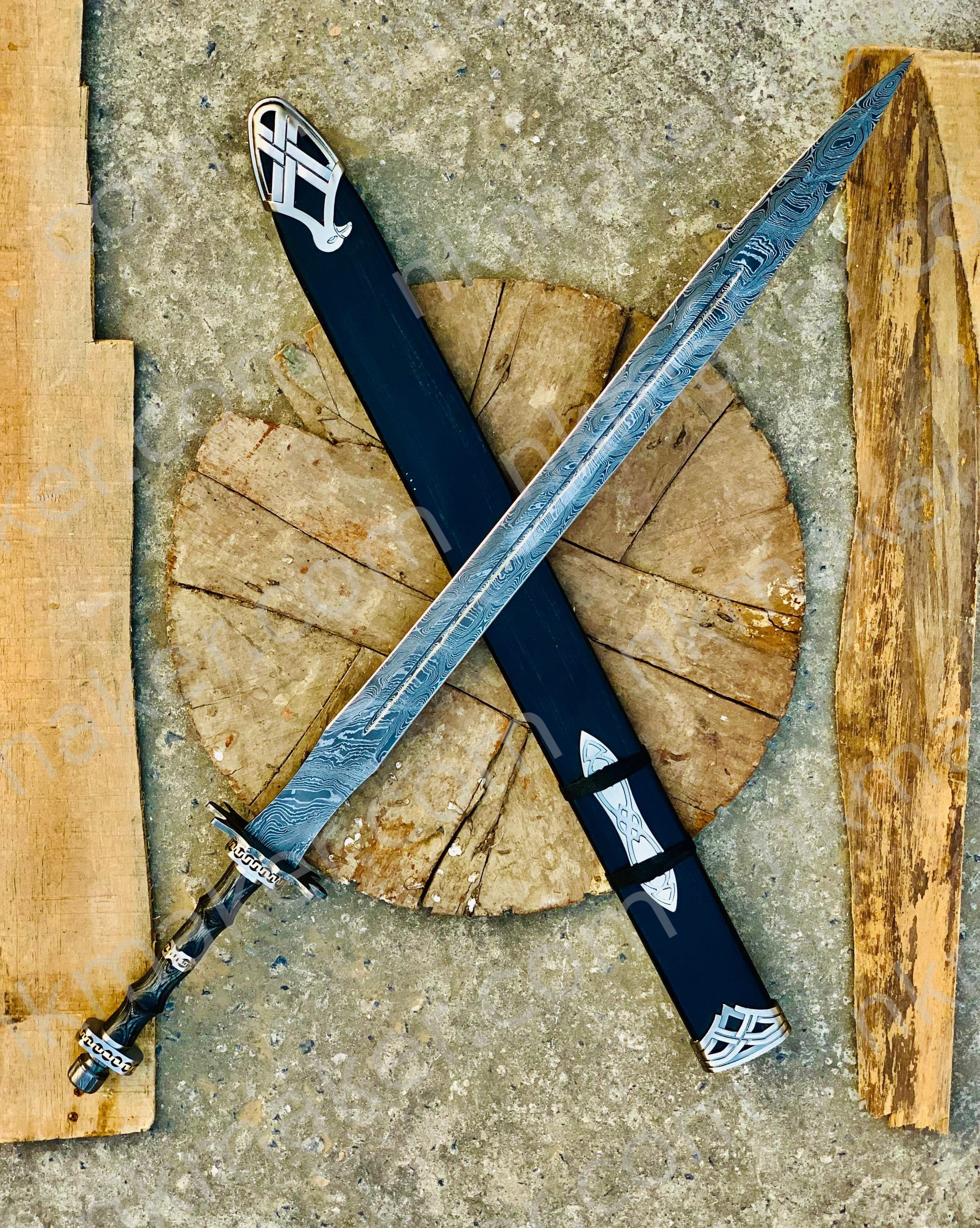 Handmade Damascus Steel Double Edge Viking Sword, Battle Ready Sword With Sheath. More details PM? - Image 8