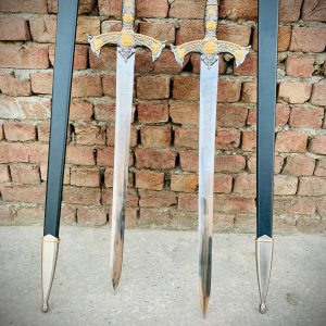 Premium Handmade Medieval Knight Sword Set – Engraved Blade with Gold Guard & Leather Scabbard. More details PM?