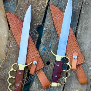 Premium Brass Knuckle Bowie Knife with Leather Sheath – Handmade Hunting & Survival Knife