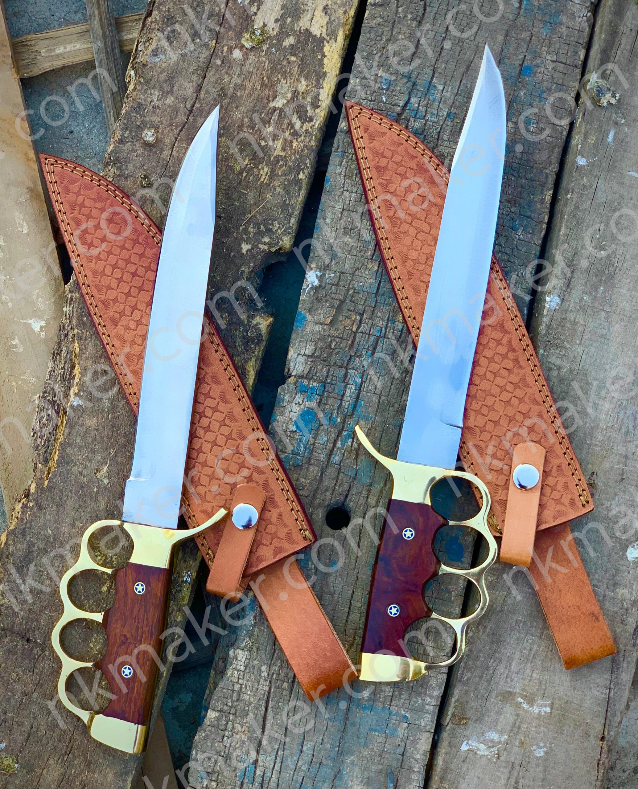 Premium Brass Knuckle Bowie Knife with Leather Sheath – Handmade Hunting & Survival Knife