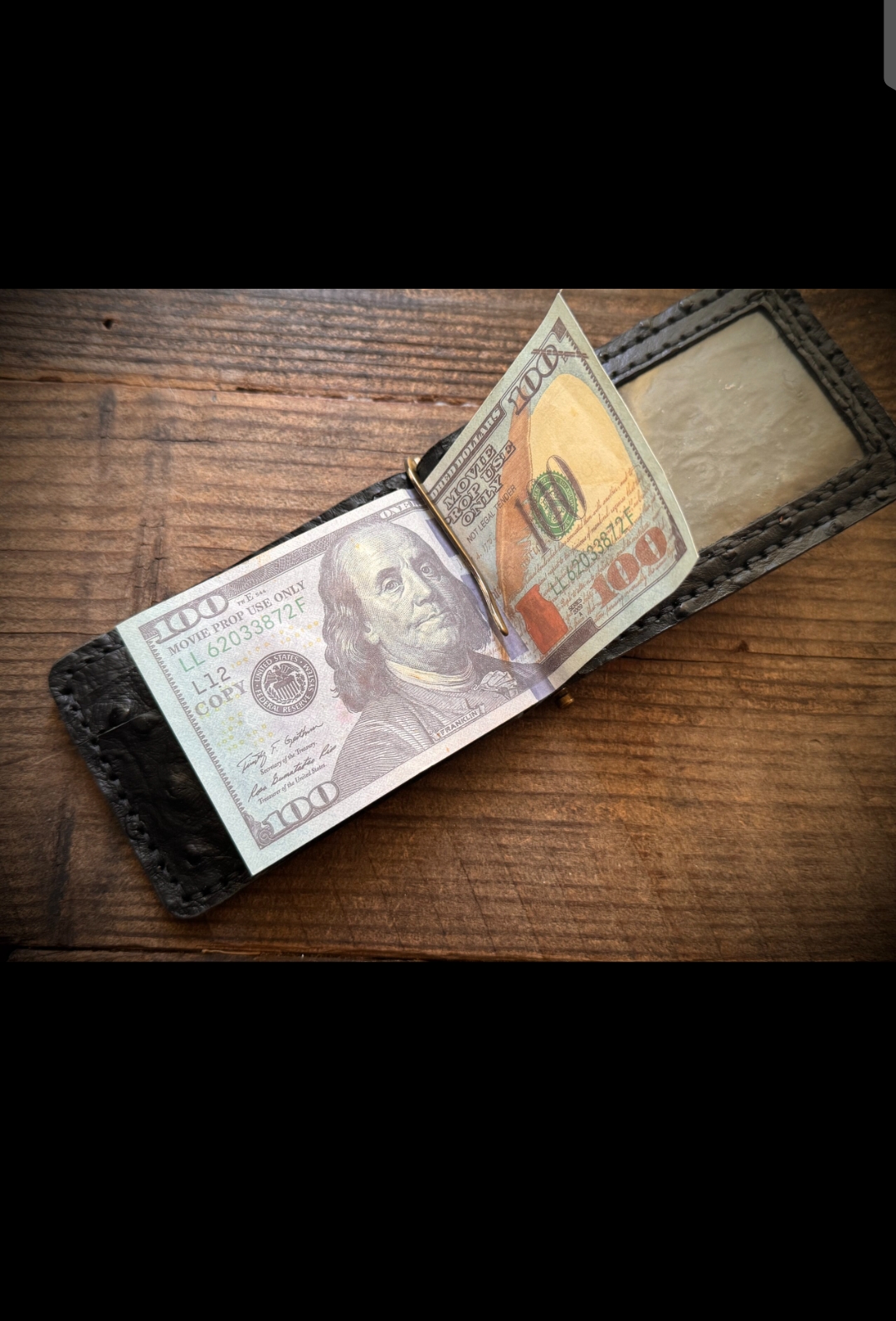 Handcrafted Ostrich Leather Money Clip Wallet – Slim Black Minimalist Front Pocket Design - Image 3