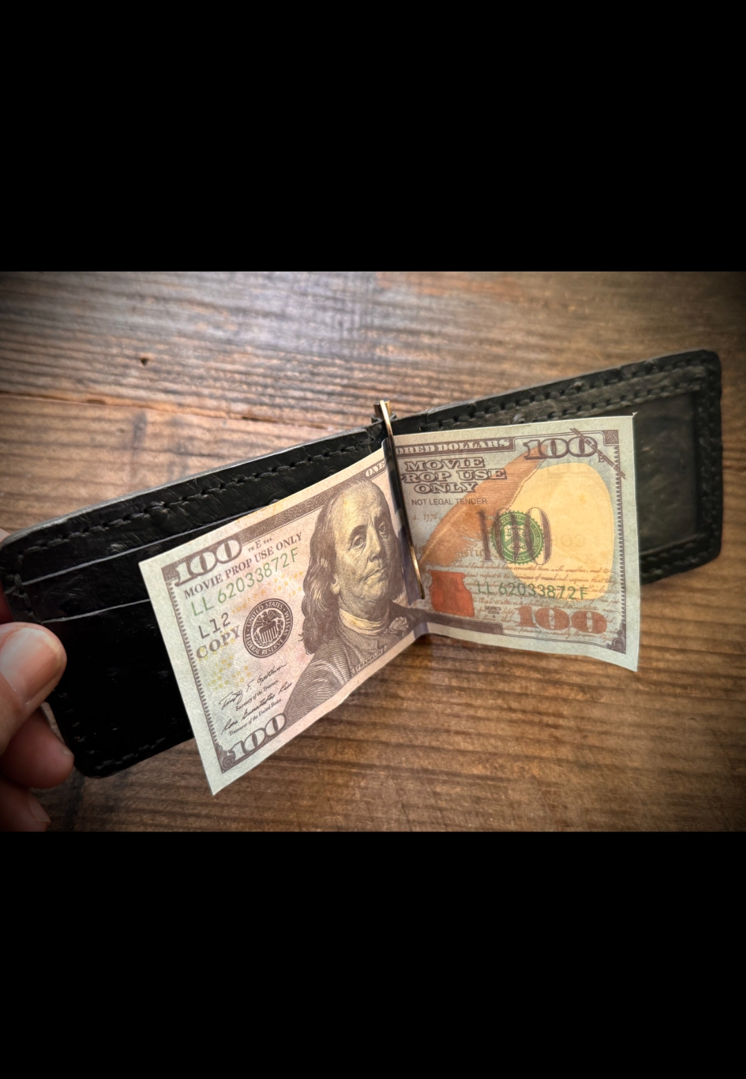 Handcrafted Ostrich Leather Money Clip Wallet – Slim Black Minimalist Front Pocket Design - Image 2