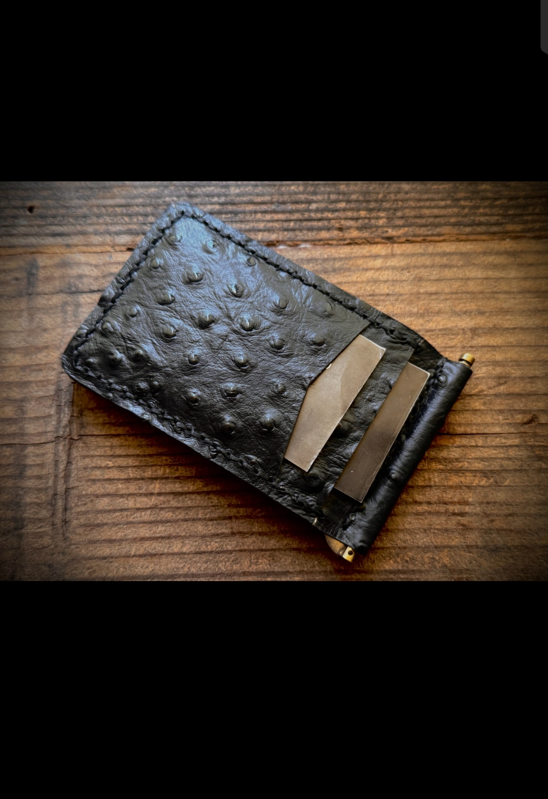 Handcrafted Ostrich Leather Money Clip Wallet – Slim Black Minimalist Front Pocket Design